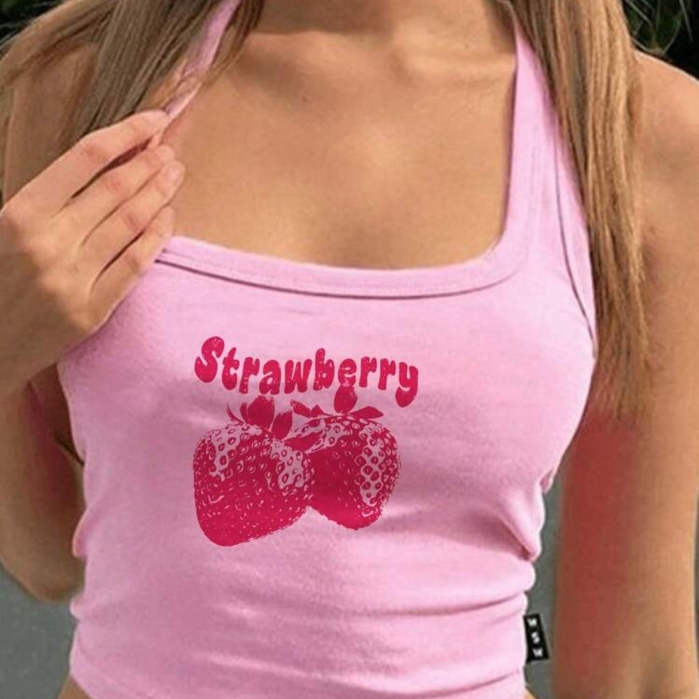 SHEIN Pink Strawberry Print Halter Crop Top Women’s Size S